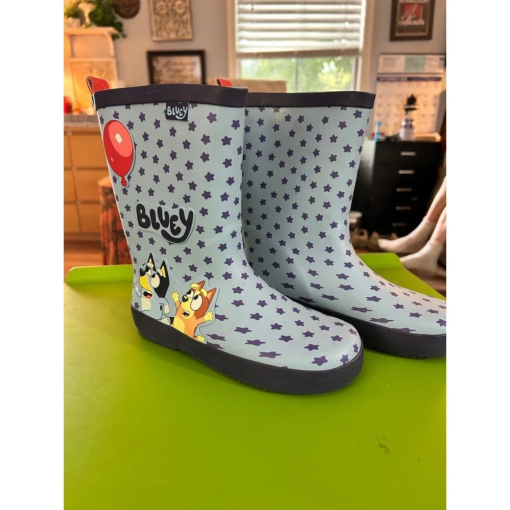 Bluey Bingo Kids Rain Boots Light Blue Purple Stars Rubber Wellies Size 13/1